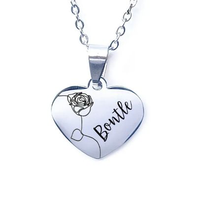 Personalised Rose Heart Necklace – Engraved Stainless Steel Pendant (Silver, Gold)
