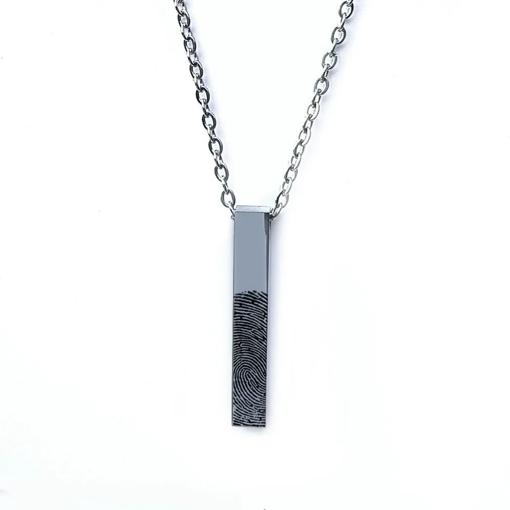 Silver-tone bar necklace with a personalised fingerprint engraving on a white background.
