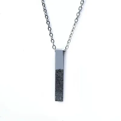 Silver-tone bar necklace with a personalised fingerprint engraving on a white background.