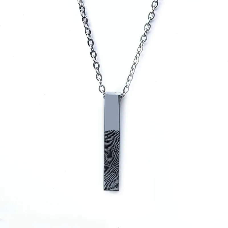 Silver-tone bar necklace with a personalised fingerprint engraving on a white background.