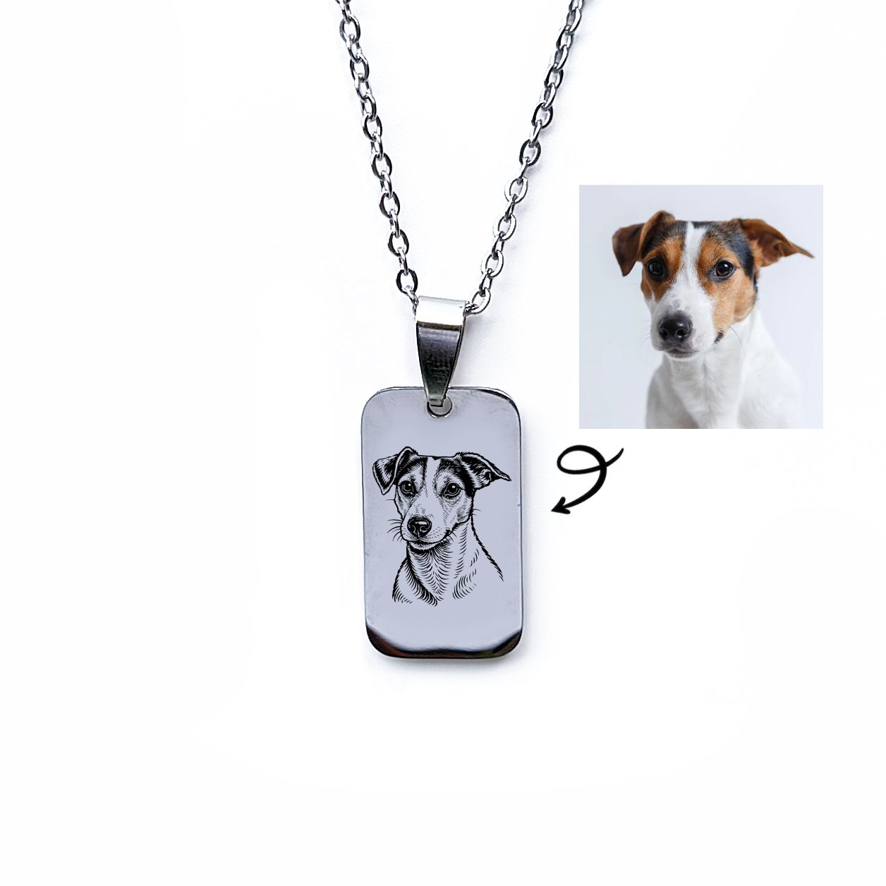 Personalised stainless steel unisex tag pendant necklace engraved with a detailed dog portrait illustration.
