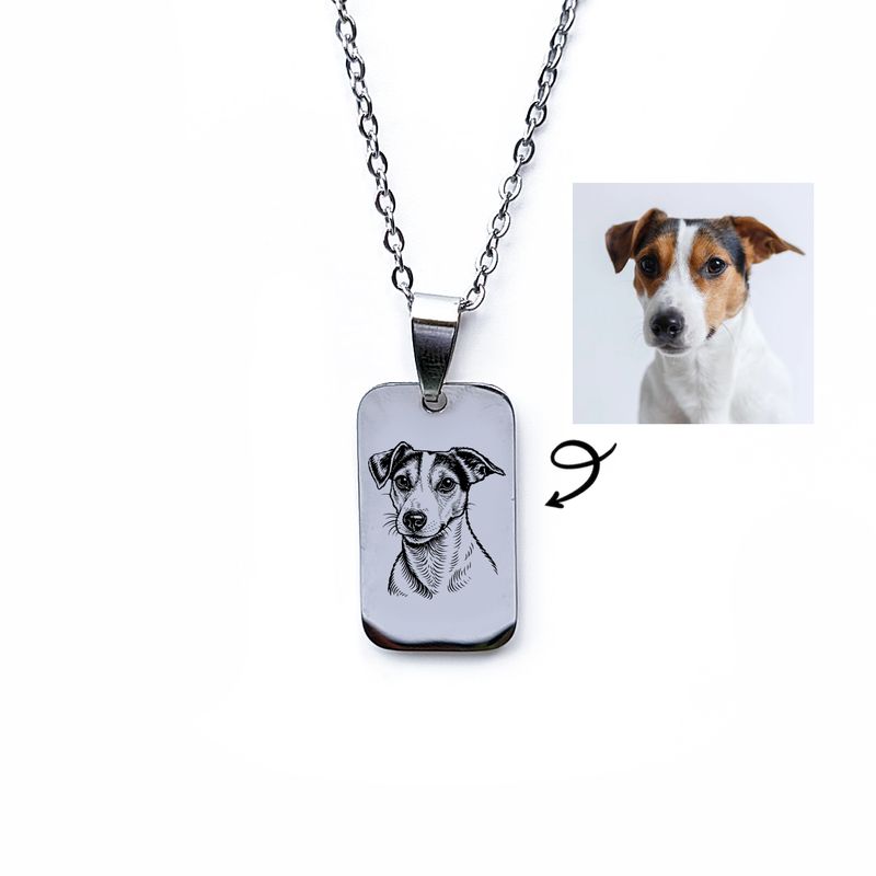Personalised stainless steel unisex tag pendant necklace engraved with a detailed dog portrait illustration.