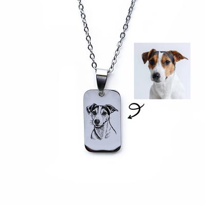 Personalised stainless steel unisex tag pendant necklace engraved with a detailed dog portrait illustration.