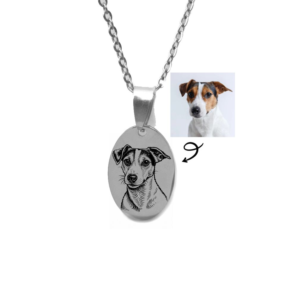 Custom engraved silver toned oval pet photo necklace with dog image engraved.