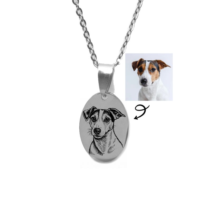 Custom engraved silver toned oval pet photo necklace with dog image engraved.