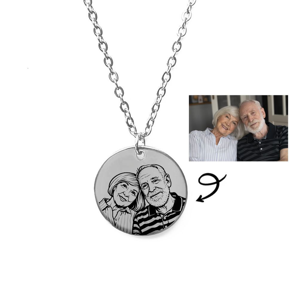 Personalised photo necklace engraved with couple portrait on stainless steel pendant