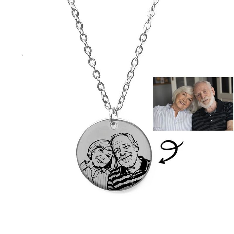 Personalised photo necklace engraved with couple portrait on stainless steel pendant