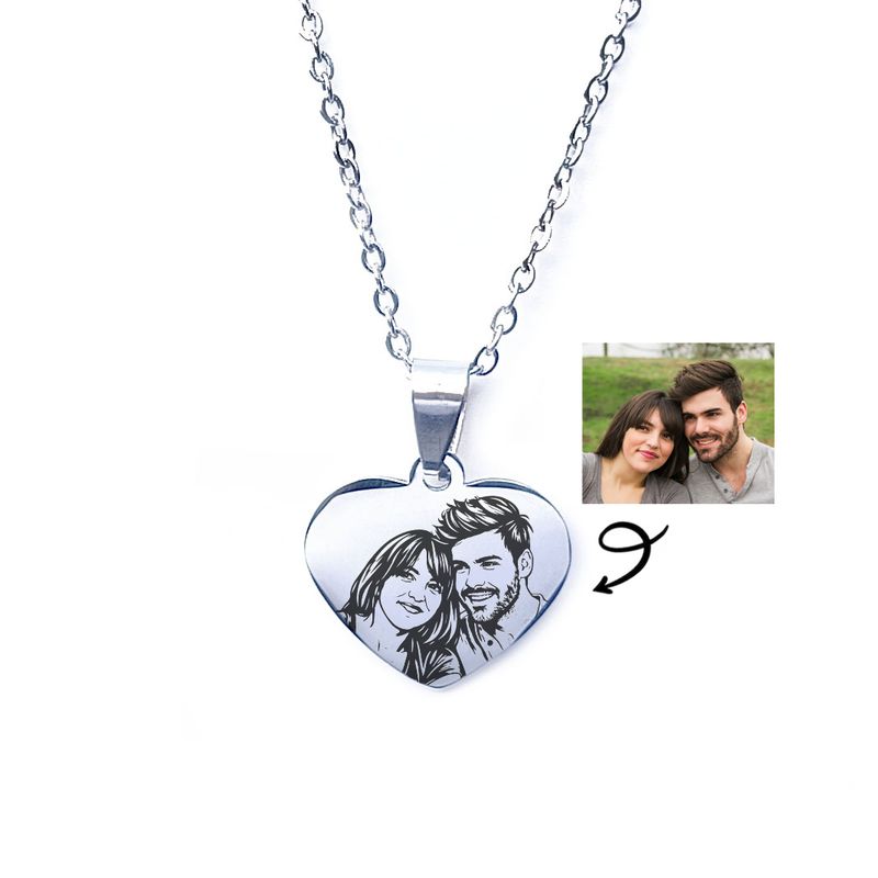 couple photo necklace silver tone engraved heart pendant 25 mm with bail custom keepsake jewellery