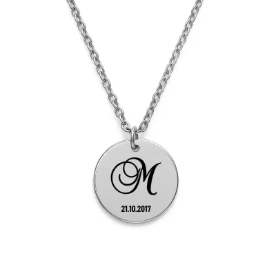 personalised monogram and date necklace silver tone pendant engraved 20 mm with integrated bail custom keepsake jewellery