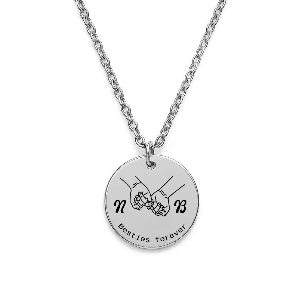 personalised besties friendship necklace silver tone pendant engraved 20 mm with integrated bail custom jewellery gift