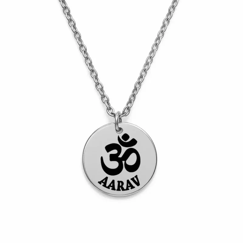 personalised Aum Om necklace silver tone pendant engraved 20 mm with integrated bail custom spiritual jewellery