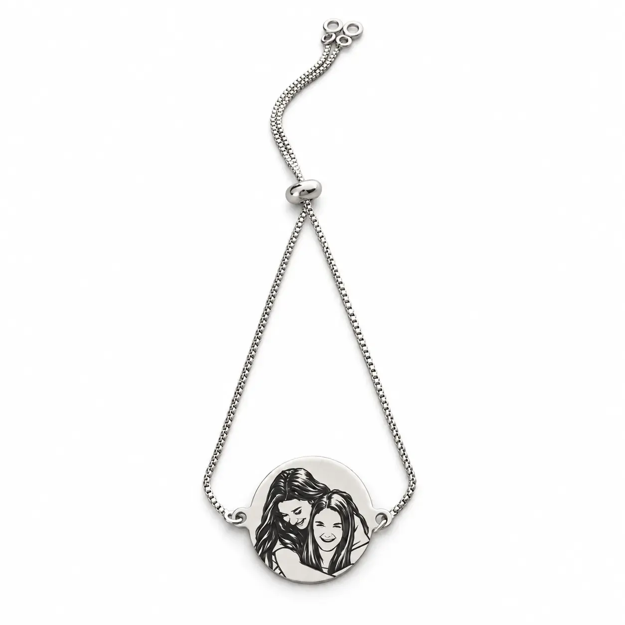 Silver-tone adjustable photo bracelet with a round engraved pendant on a white background.