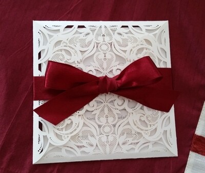 Luxury square lace Champagne laser cut Invitation cards, with double layered inserts and coloured ribbon bow