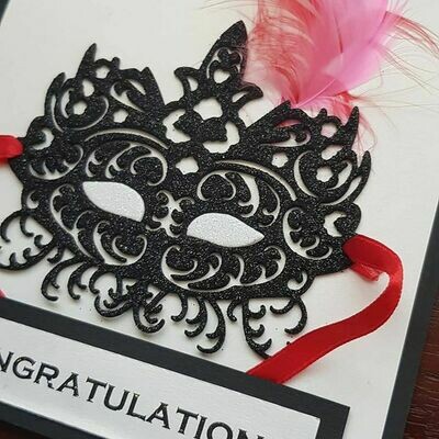 Congratulations black glitter mask greeting card