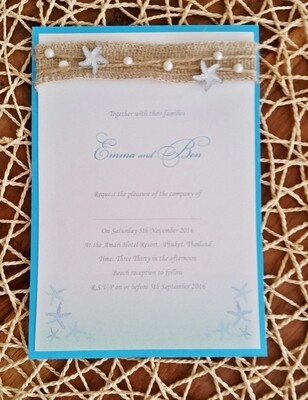Beautiful blue ombré beach wedding Invitation cards, wirh burlap, twine, starfish and pearls