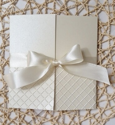 Elegant Embossed Champagne Lattice pattern with ivory Satin Bow and Swarovski Crystals