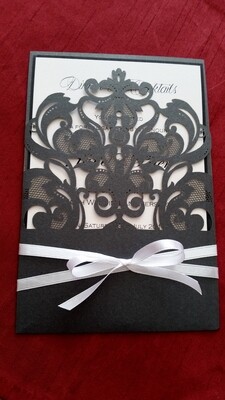 Beautiful Black lace Swirl Laser Cut Pocket Wedding invitation card with white satin ribbon I