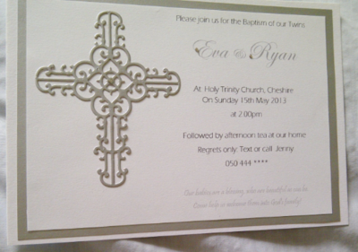 Luxury modern Baptism Invitations, with a soft ornate cross embellishment, and swarovki crystals.