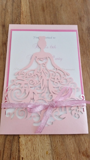 Pretty Pink Princess laser cut Birthday Invitation Card with hand tied bow