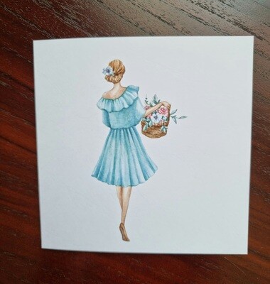 Lady in blue dress with a basket of flowers - Note card