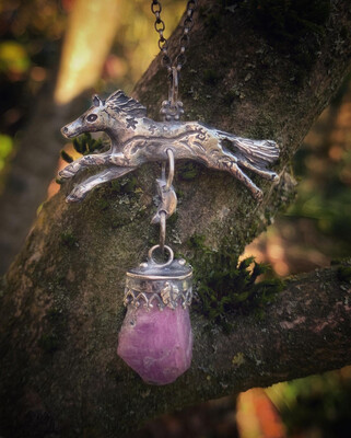 Leaping Horse Horse Pendant With Raw Pink Sapphire 