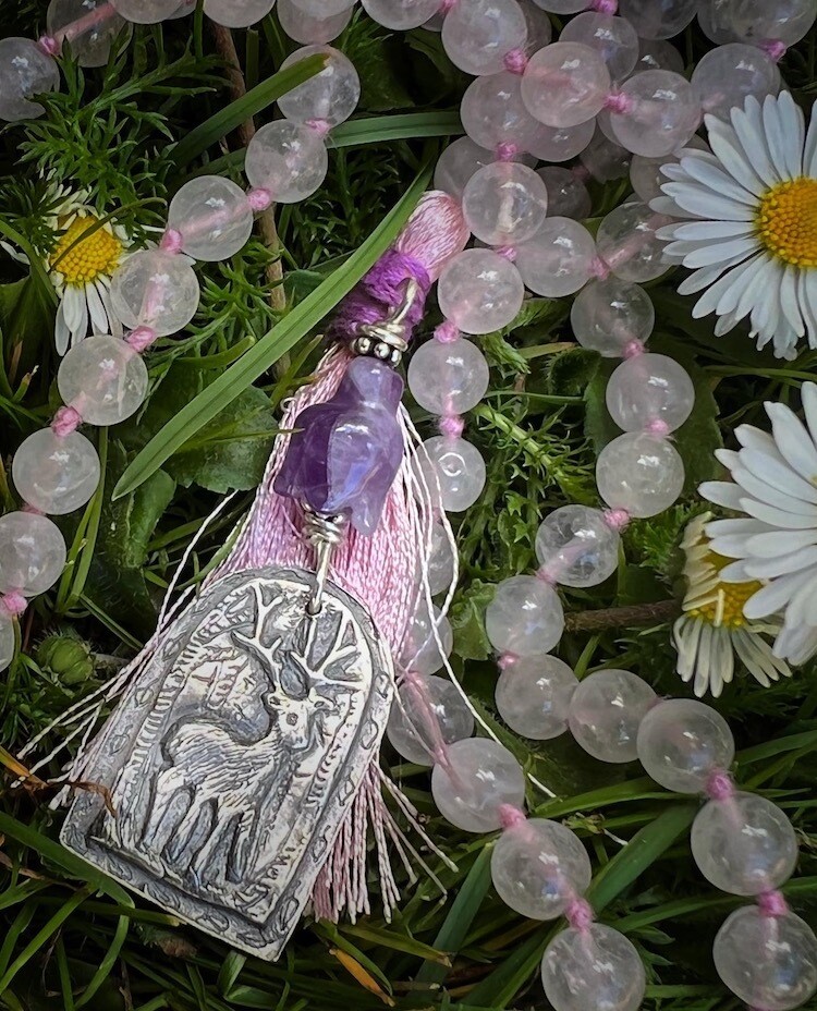 Stag mala on Rose quartz with handmade silver Stag and carved tulip amethyst bead
