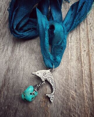 Dolphin pendant in silver with turquoise
