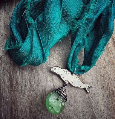 Selkie seal pendant in silver with chrysophrase