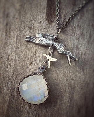 Medium Leaping Hare in silver with large Moonstone