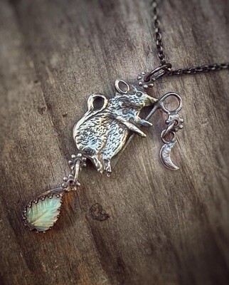 Wilfred the Mouse of Hope pendant in silver with carved moonstone leaf