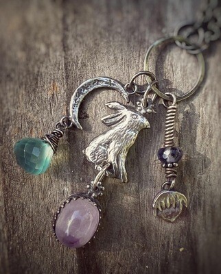 Hare totem pendant in silver with lilac Cornish amethyst, sea foam chalcedony and iolite