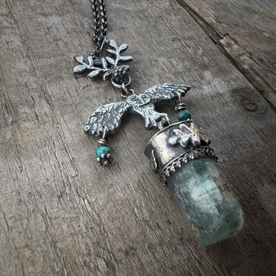 Large silver Owl pendant with natural aquamarine stone and turquoise beads