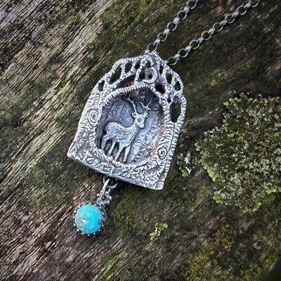 Stag shrine pendant with set Cornish Turquoise