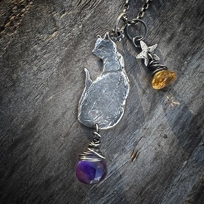 Cat pendant with star, Amethyst and citrine