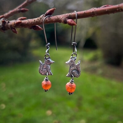 Fox earrings with vintage amber beads.