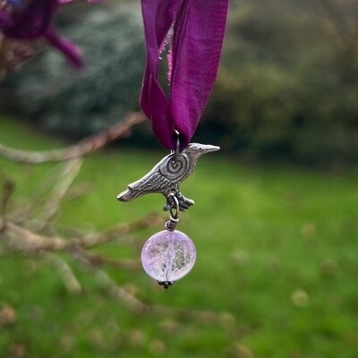 Crow ribbon pendant with amethyst