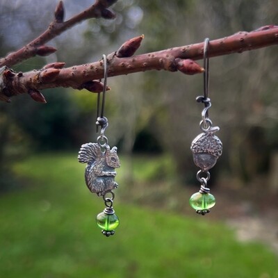 Squirrel and Acorn earrings with green amber