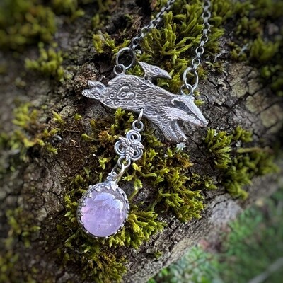 Running Badger with Crow ‘rider’ with triple spiral and leaf dangle and a set rare Cornish Amethyst