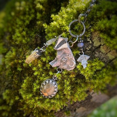 Badger totem pendant with silver badger and silver toadstool, silver set Golden topaz with carved citrine, lilac jade and labradorite