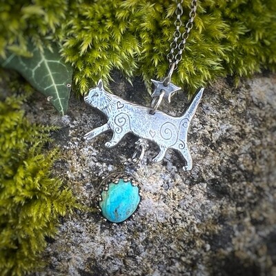 Cat pendant with star and silver set Cornish turquoise
