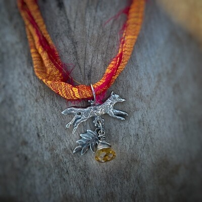 Fox on orange ribbon pendant with silver ash leaf and natural yellow citrine.