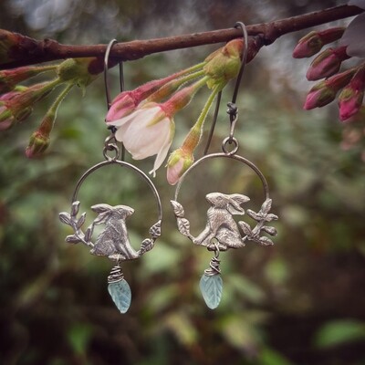Hoop Earrings with Hares and leaves. Carved aquamarine leaves.