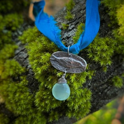 Seal selkie ribbon pendant with sea foam chalcedony briolette.