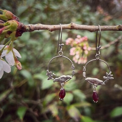 Hoop Earrings with Crows and leaves. Garnet beads.
