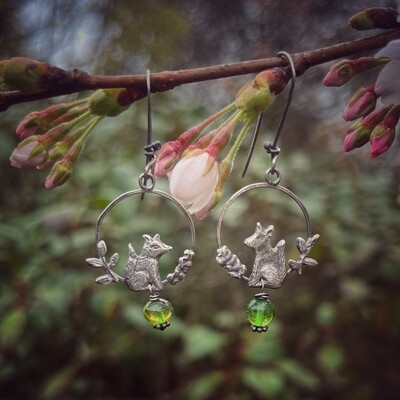 ​Hoop Earrings with Foxes and leaves. Natural green amber.