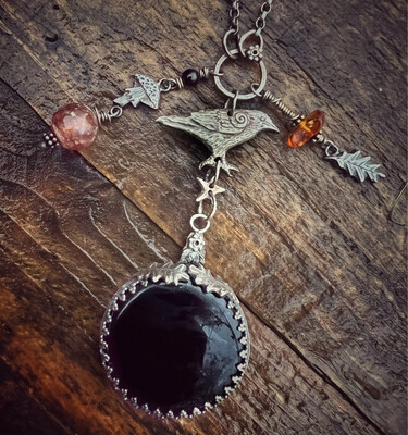 Raven Magic Pendant With Obsidian ‘Scrying Mirror’  Vintage Amber And Jet