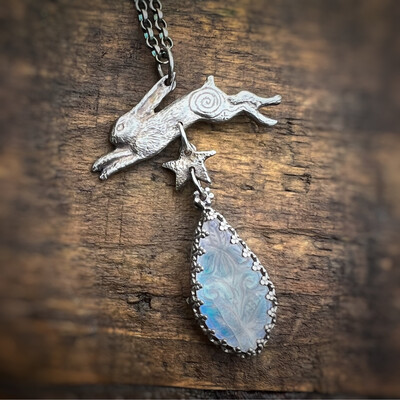 Leaping Hare Pendant With Carved Moonstone
