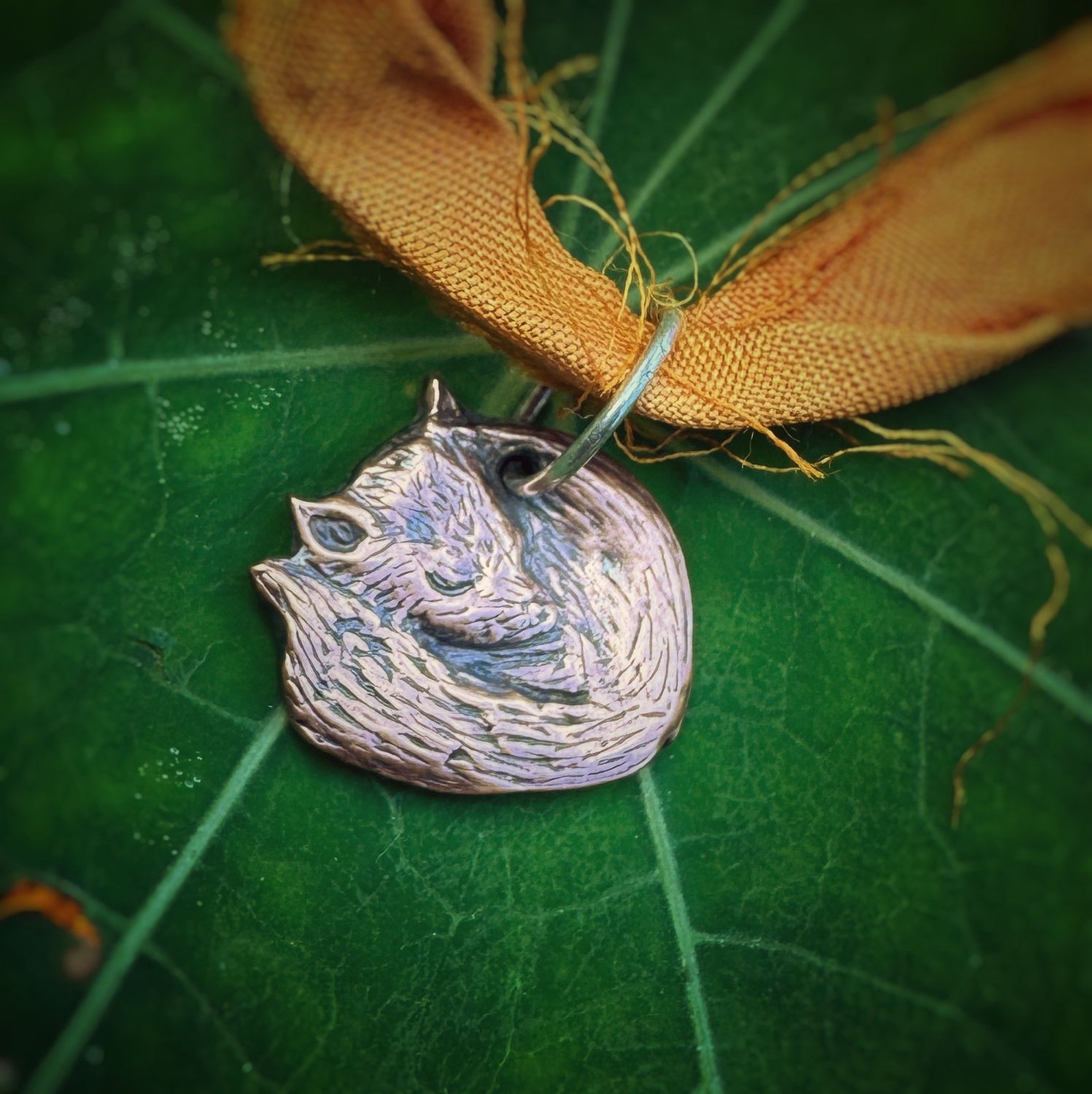 Copper Sleeping Fox Pendant On Recycled Sari Silk Ribbon 