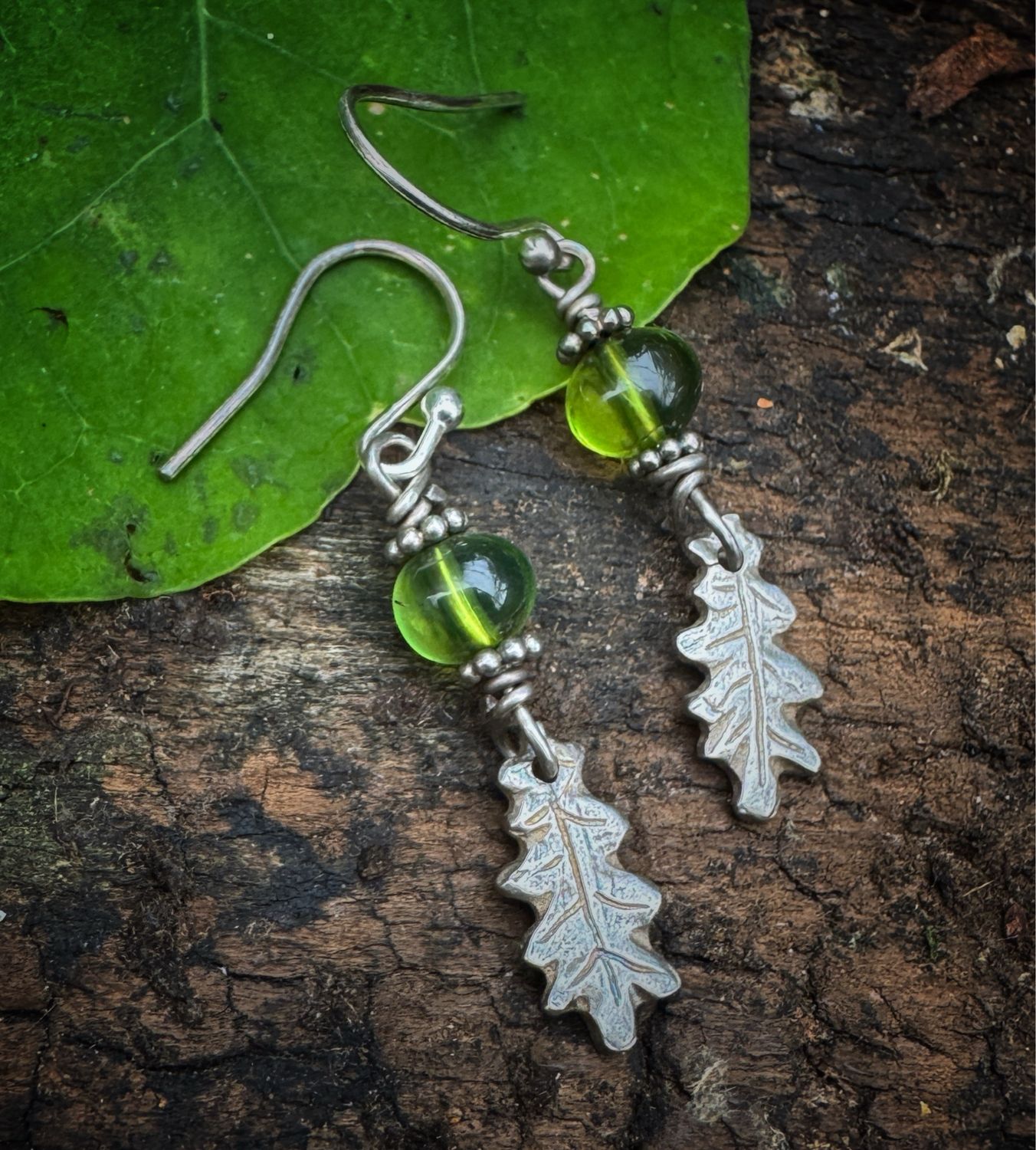 Oak leaf Earrings With Green Amber.