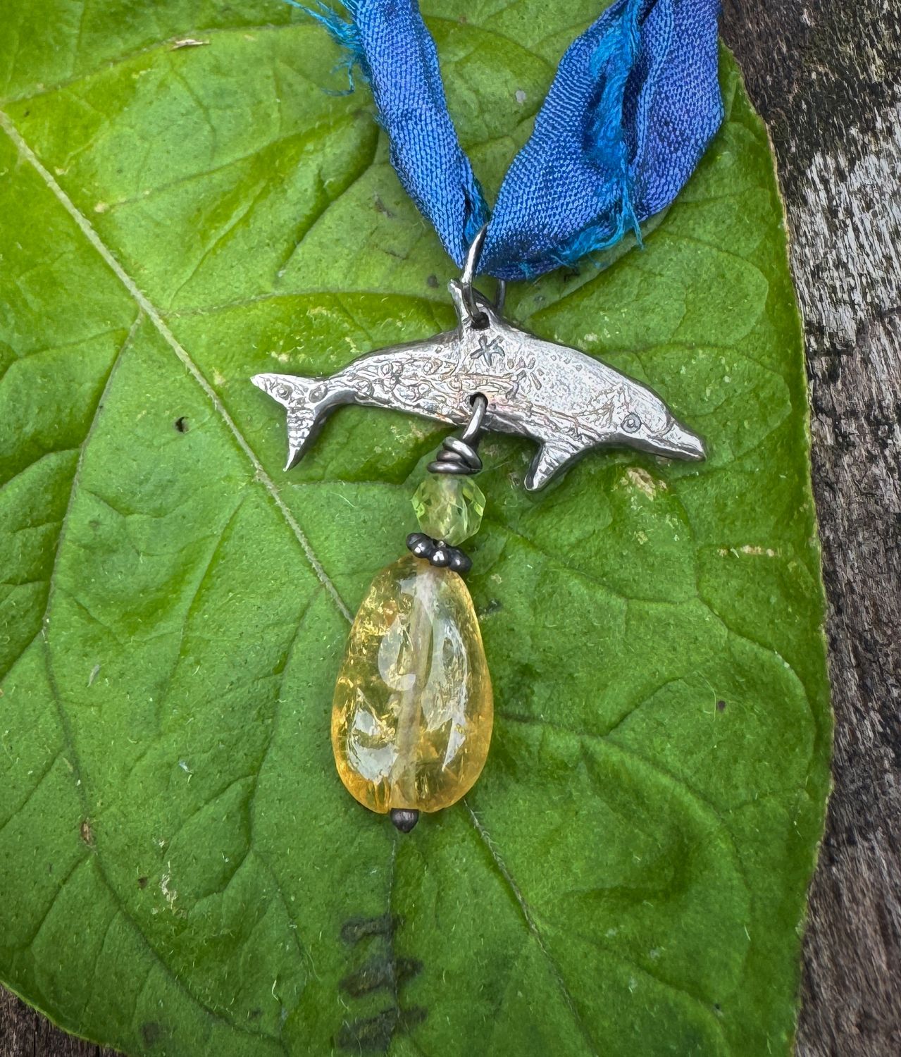 Dolphin Pendant on recycled sari silk ribbon